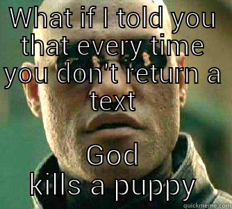 WHAT IF I TOLD YOU THAT EVERY TIME YOU DON'T RETURN A TEXT GOD KILLS A PUPPY Matrix Morpheus