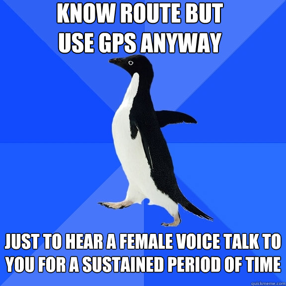 know route but use gps anyway just to hear a female voice talk to you for a sustained period of time  Socially Awkward Penguin