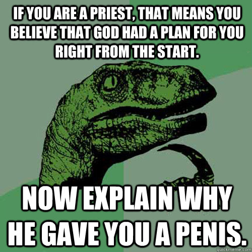 If you are a priest, that means you believe that god had a plan for you right from the start. Now explain why he gave you a penis.  Philosoraptor