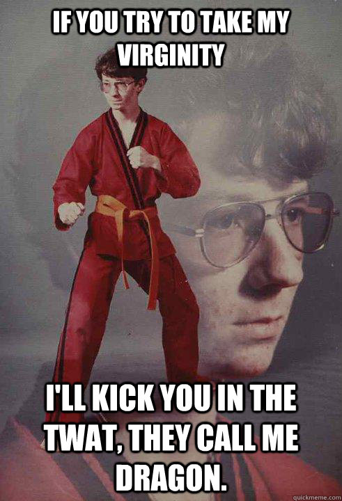 If you try to take my virginity I'll kick you in the twat, they call me dragon.  Karate Kyle