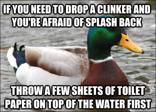 If you need to drop a clinker and you're afraid of splash back Throw a few sheets of toilet paper on top of the water first  Actual Advice Mallard