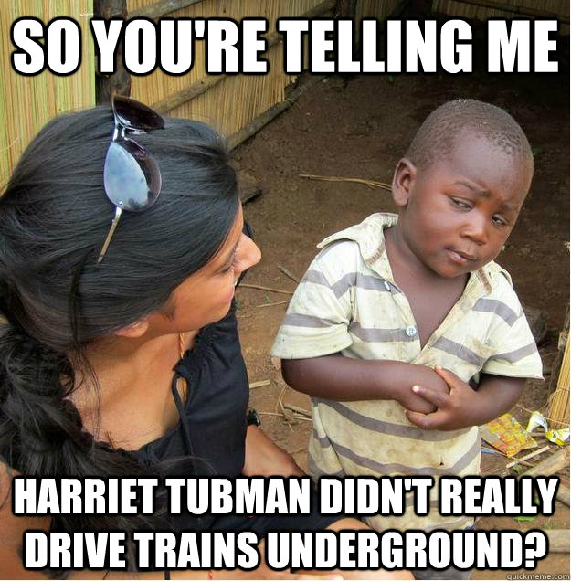 so you're telling me harriet tubman didn't really drive trains underground? - so you're telling me harriet tubman didn't really drive trains underground?  Sceptical African child