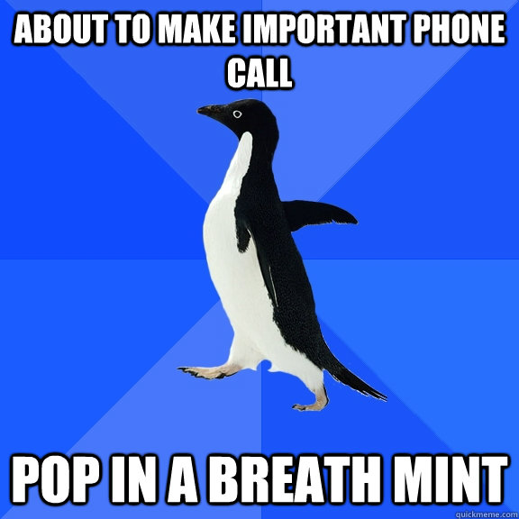 About to make important phone call pop in a breath mint  Socially Awkward Penguin
