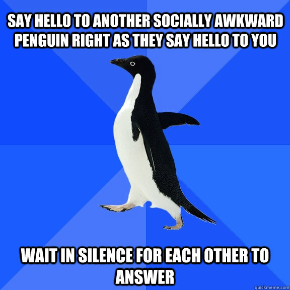Say hello to another socially awkward penguin right as they say hello to you wait in silence for each other to answer  Socially Awkward Penguin
