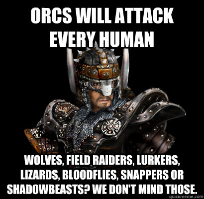Orcs will attack every human Wolves, field raiders, lurkers, lizards, bloodflies, snappers or shadowbeasts? We don't mind those. - Orcs will attack every human Wolves, field raiders, lurkers, lizards, bloodflies, snappers or shadowbeasts? We don't mind those.  Gothic - game