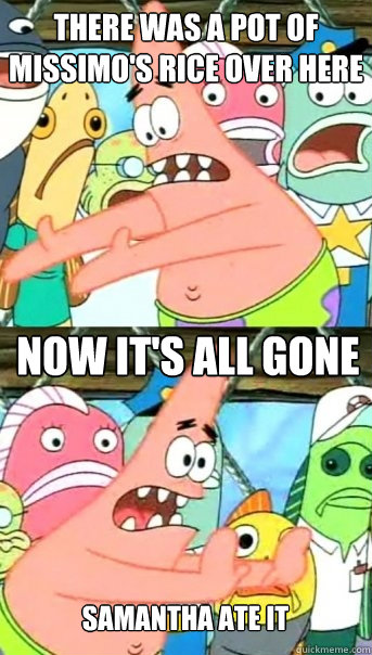 THERE WAS A POT OF MISSIMO'S RICE OVER HERE NOW IT'S ALL GONE SAMANTHA ATE IT  Push it somewhere else Patrick