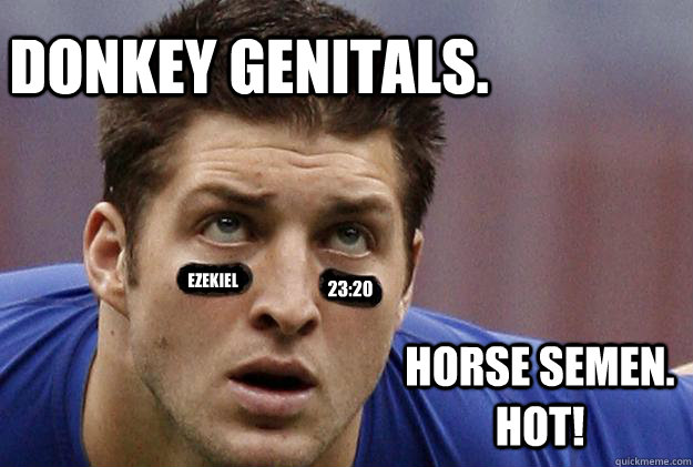Donkey Genitals. Ezekiel 23:20 Horse semen. Hot! - Donkey Genitals. Ezekiel 23:20 Horse semen. Hot!  Bad Bible Advice Tebow