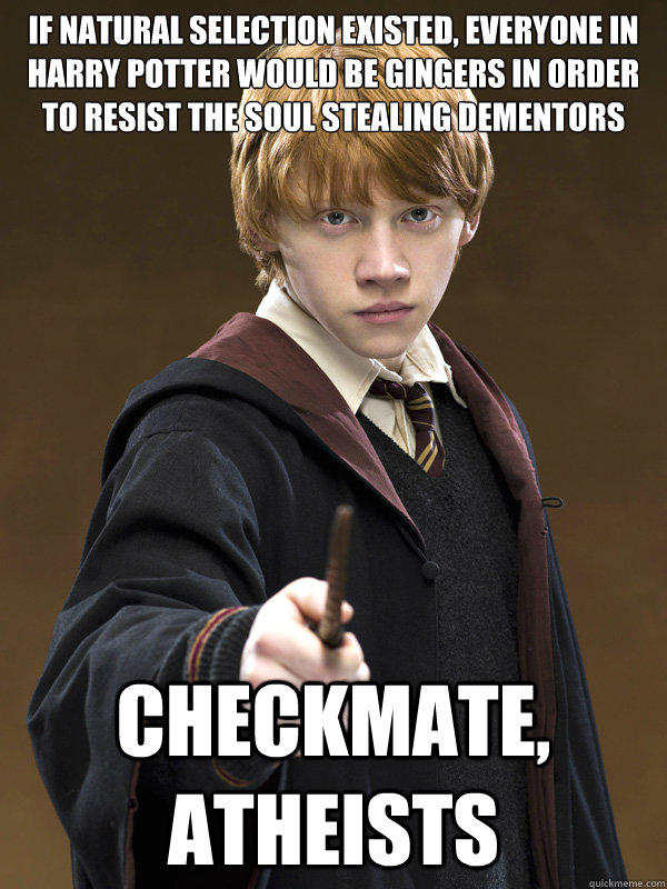 if natural selection existed, everyone in harry potter would be gingers in order to resist the soul stealing dementors checkmate, atheists  Ron Weasley