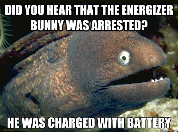 did you hear that the Energizer bunny was arrested? he was charged with battery - did you hear that the Energizer bunny was arrested? he was charged with battery  Bad Joke Eel