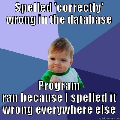 SPELLED 'CORRECTLY' WRONG IN THE DATABASE PROGRAM RAN BECAUSE I SPELLED IT WRONG EVERYWHERE ELSE Success Kid