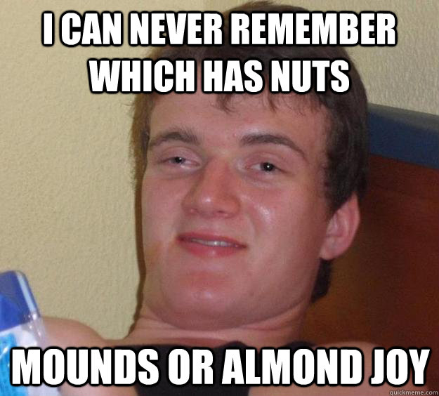 I can never remember which has nuts Mounds or almond joy - I can never remember which has nuts Mounds or almond joy  10 Guy
