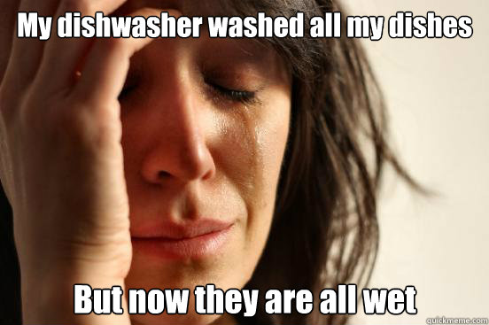 My dishwasher washed all my dishes But now they are all wet  First World Problems