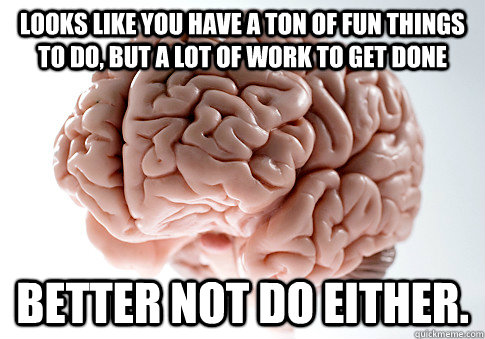 Looks like you have a ton of fun things to do, but a lot of work to get done Better not do either.  ScumbagBrain