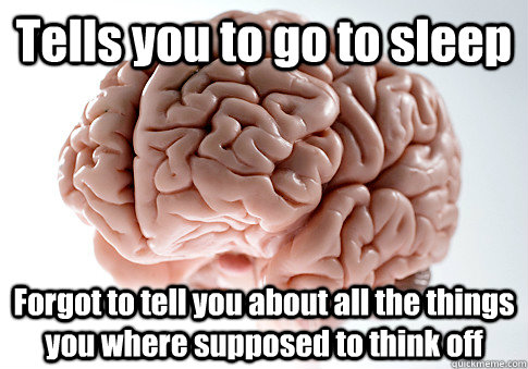 Tells you to go to sleep Forgot to tell you about all the things you where supposed to think off    Scumbag Brain