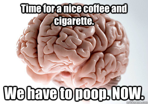 Time for a nice coffee and cigarette. We have to poop. NOW.   Scumbag Brain