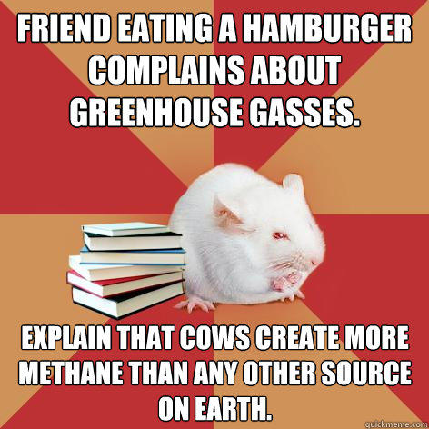 Friend eating a hamburger complains about greenhouse gasses. Explain that cows create more methane than any other source on Earth.  Science Major Mouse