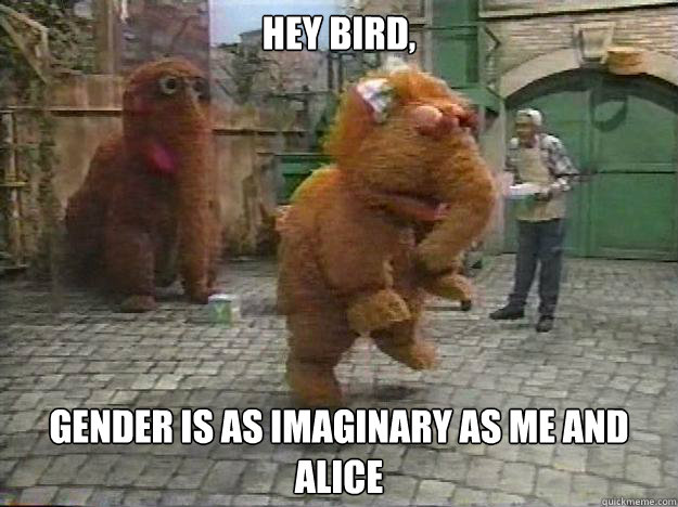 Hey bird, gender is as imaginary as me and alice  Snuffleupagus