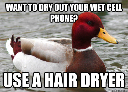 Want to dry out your wet cell phone? Use a hair dryer - Want to dry out your wet cell phone? Use a hair dryer  Malicious Advice Mallard