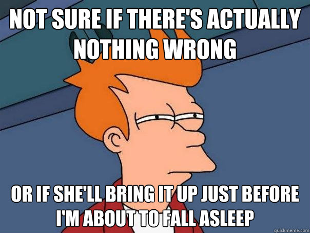 Not sure if there's actually nothing wrong Or if she'll bring it up just before I'm about to fall asleep  Futurama Fry