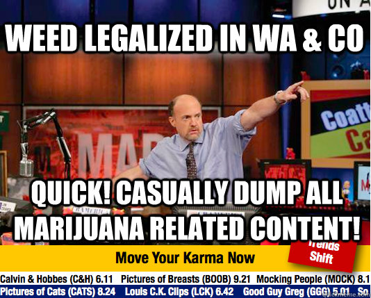 WEED LEGALIZED IN WA & CO QUICK! CASUALLY DUMP ALL MARIJUANA RELATED CONTENT! - WEED LEGALIZED IN WA & CO QUICK! CASUALLY DUMP ALL MARIJUANA RELATED CONTENT!  Mad Karma with Jim Cramer