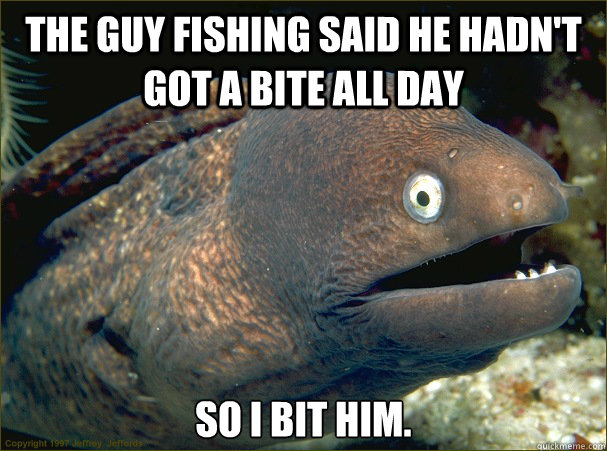 The guy fishing said he hadn't got a bite all day So i bit him.  Bad Joke Eel