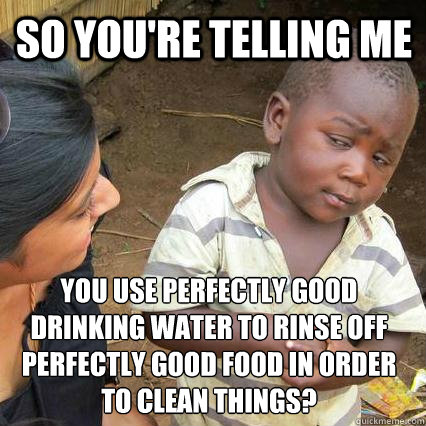 so you're telling me you use perfectly good drinking water to rinse off perfectly good food in order to clean things? - so you're telling me you use perfectly good drinking water to rinse off perfectly good food in order to clean things?  3rd world sceptical kid
