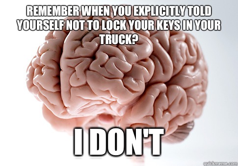 Remember when you explicitly told yourself not to lock your keys in your truck? I don't   Scumbag Brain