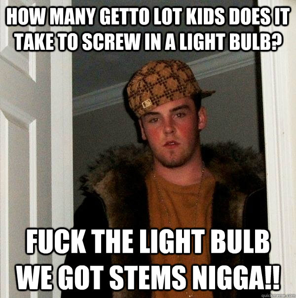 How many Getto lot kids does it take to screw in a light bulb? FUCK THE LIGHT BULB WE GOT STEMS NIGGA!!  Scumbag Steve