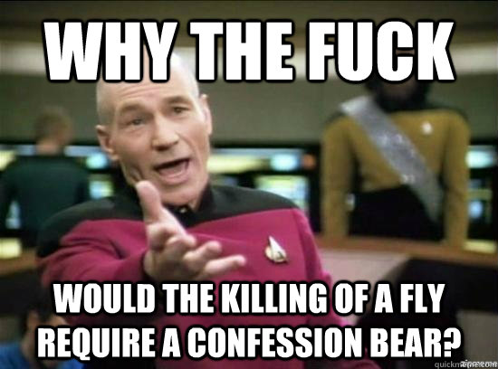 Why the fuck would the killing of a fly require a confession bear?  Annoyed Picard HD