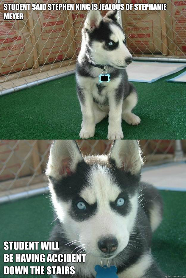 Student said Stephen King is jealous of Stephanie Meyer student will 
be having accident 
down the stairs  Insanity puppy
