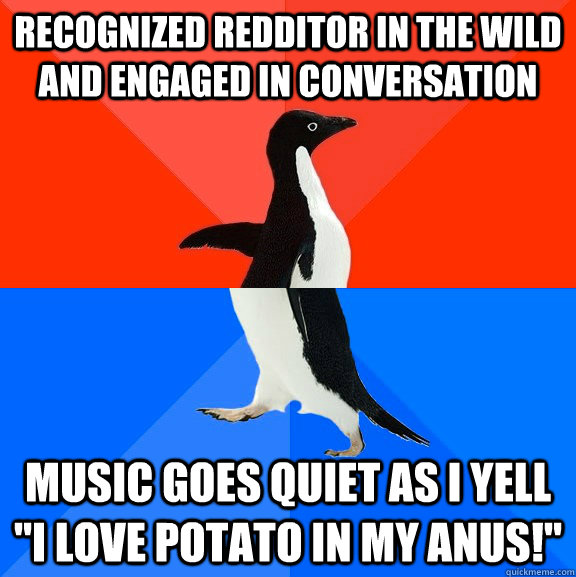 Recognized redditor in the wild and engaged in conversation music goes quiet as i yell 