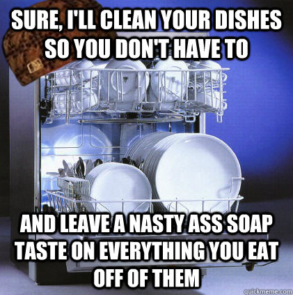 Sure, I'll clean your dishes so you don't have to And leave a nasty ass soap taste on everything you eat off of them  Scumbag Dishwasher