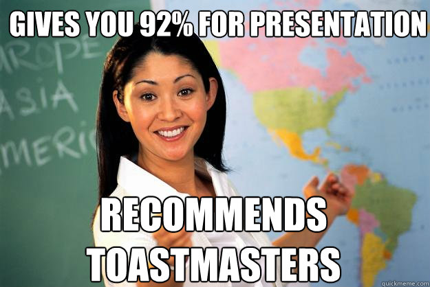 gives you 92% for presentation Recommends toastmasters - gives you 92% for presentation Recommends toastmasters  Unhelpful High School Teacher
