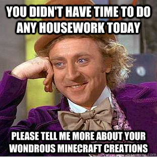 you didn't have time to do any housework today please tell me more about your wondrous Minecraft creations  Condescending Wonka