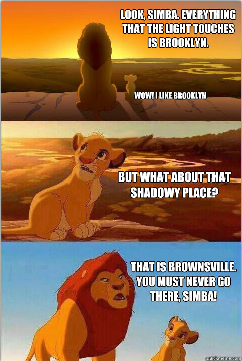 Look, simba. Everything that the light touches is brooklyn.
 But what about that shadowy place? That is brownsville. You must NEVER go there, Simba! wow! i like brooklyn  Shadowy Place from Lion King