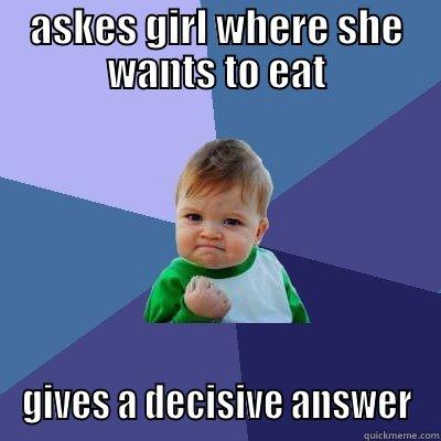 ASKES GIRL WHERE SHE WANTS TO EAT GIVES A DECISIVE ANSWER Success Kid