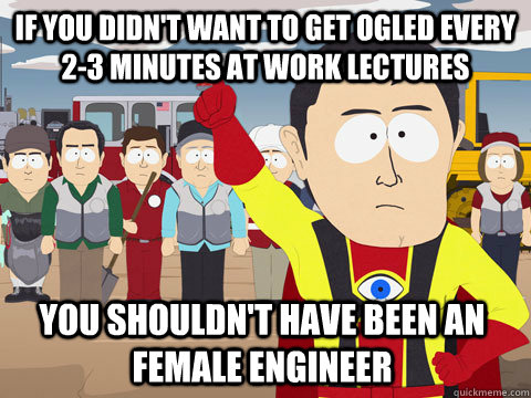 if you didn't want to get ogled every 2-3 minutes at work lectures you shouldn't have been an female engineer  Captain Hindsight