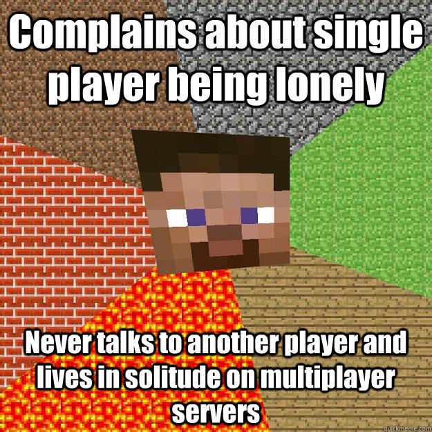 Complains about single player being lonely Never talks to another player and lives in solitude on multiplayer servers - Complains about single player being lonely Never talks to another player and lives in solitude on multiplayer servers  Minecraft