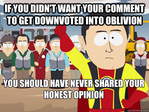 If you didn't want your comment to get downvoted into oblivion You should have never shared your honest opinion  Captain Hindsight