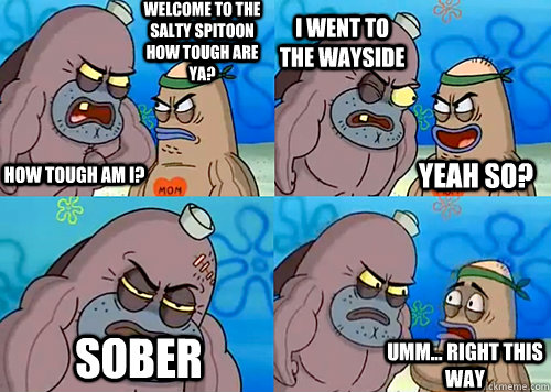 Welcome to the Salty Spitoon how tough are ya? HOW TOUGH AM I? I went to the wayside Sober Umm... Right this way Yeah so?  Salty Spitoon How Tough Are Ya