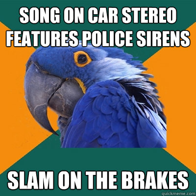 song on car stereo features police sirens slam on the brakes  Paranoid Parrot