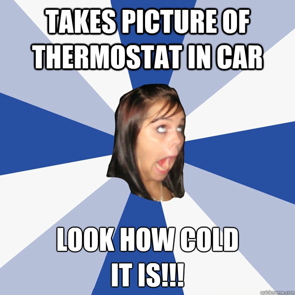 takes picture of thermostat in car look how cold 
it is!!!  Annoying Facebook Girl