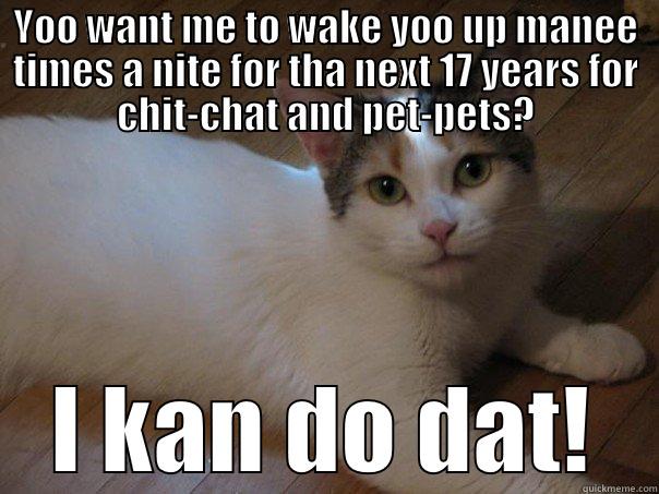 YOO WANT ME TO WAKE YOO UP MANEE TIMES A NITE FOR THA NEXT 17 YEARS FOR CHIT-CHAT AND PET-PETS? I KAN DO DAT! Misc
