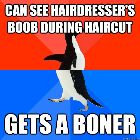 can see hairdresser's boob during haircut gets a boner  Socially Awesome Awkward Penguin