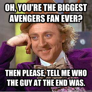 Oh, you're the biggest avengers fan ever? Then please, tell me who the guy at the end was. - Oh, you're the biggest avengers fan ever? Then please, tell me who the guy at the end was.  Condescending Wonka