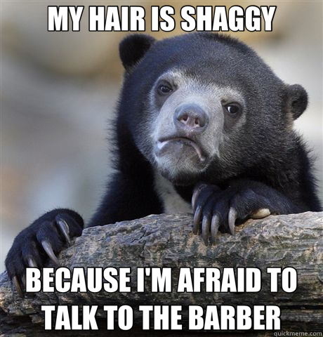 MY HAIR IS SHAGGY BECAUSE I'M AFRAID TO TALK TO THE BARBER  Confession Bear