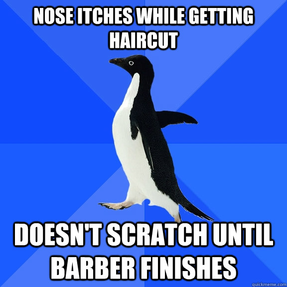 Nose itches while getting haircut Doesn't scratch until barber finishes  Socially Awkward Penguin