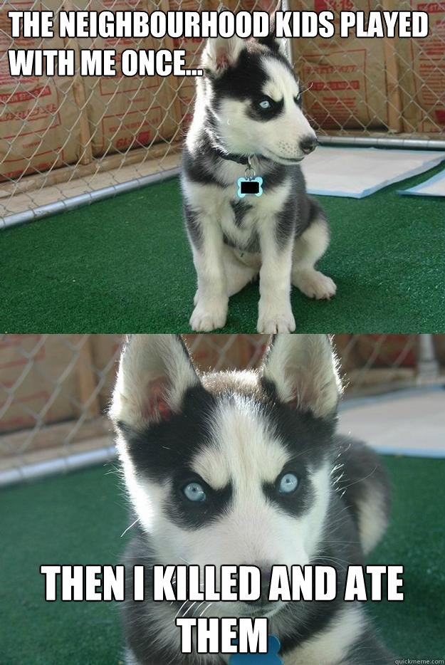 The neighbourhood kids played with me once... then I killed and ate them  Insanity puppy