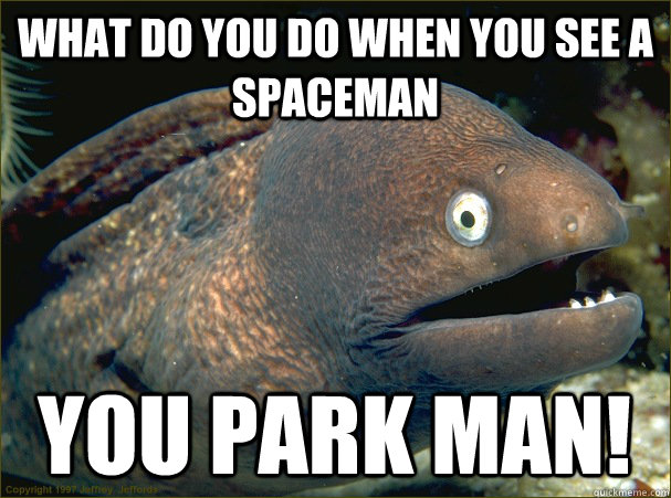 What do you do when you see a Spaceman You park man!  Bad Joke Eel