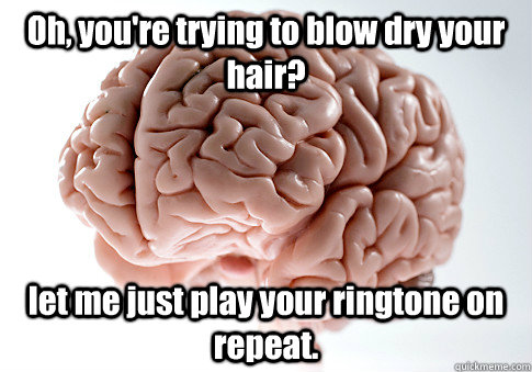 Oh, you're trying to blow dry your hair? let me just play your ringtone on repeat.    Scumbag Brain